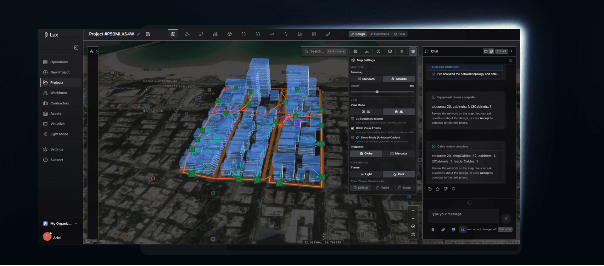 A fiber network design generated by Nexma — routes, equipment placement, and topology across a service area.